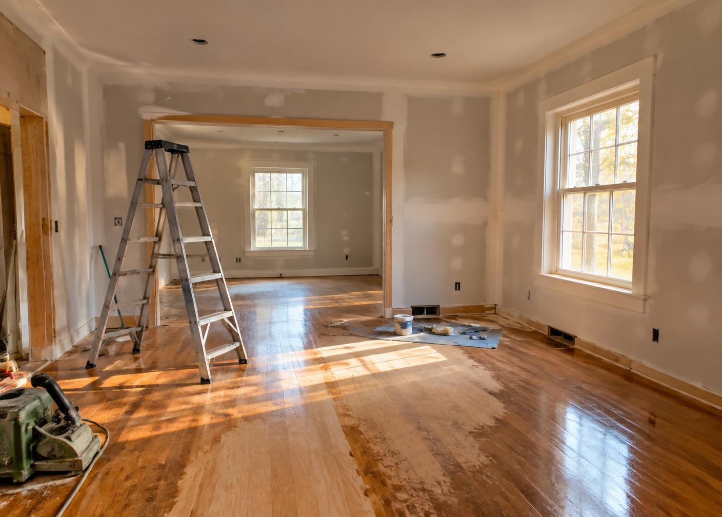 Sunlit room in an older home during renovation, with refinished wood floors